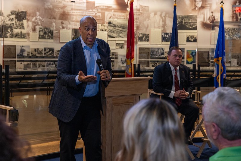 Senator Cory Booker speaks at a Veterans Town Hall at the New Jersey Vietnam Veterans Memorial and Museum in Holmdel.
